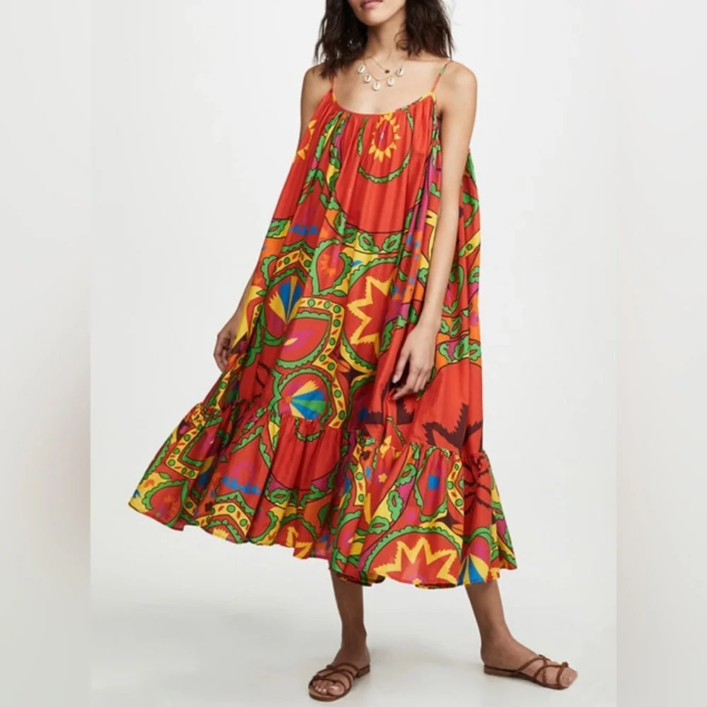 Small Rhode Resort Lea Uzbek Strappy Midi Dress Red Multi sz M